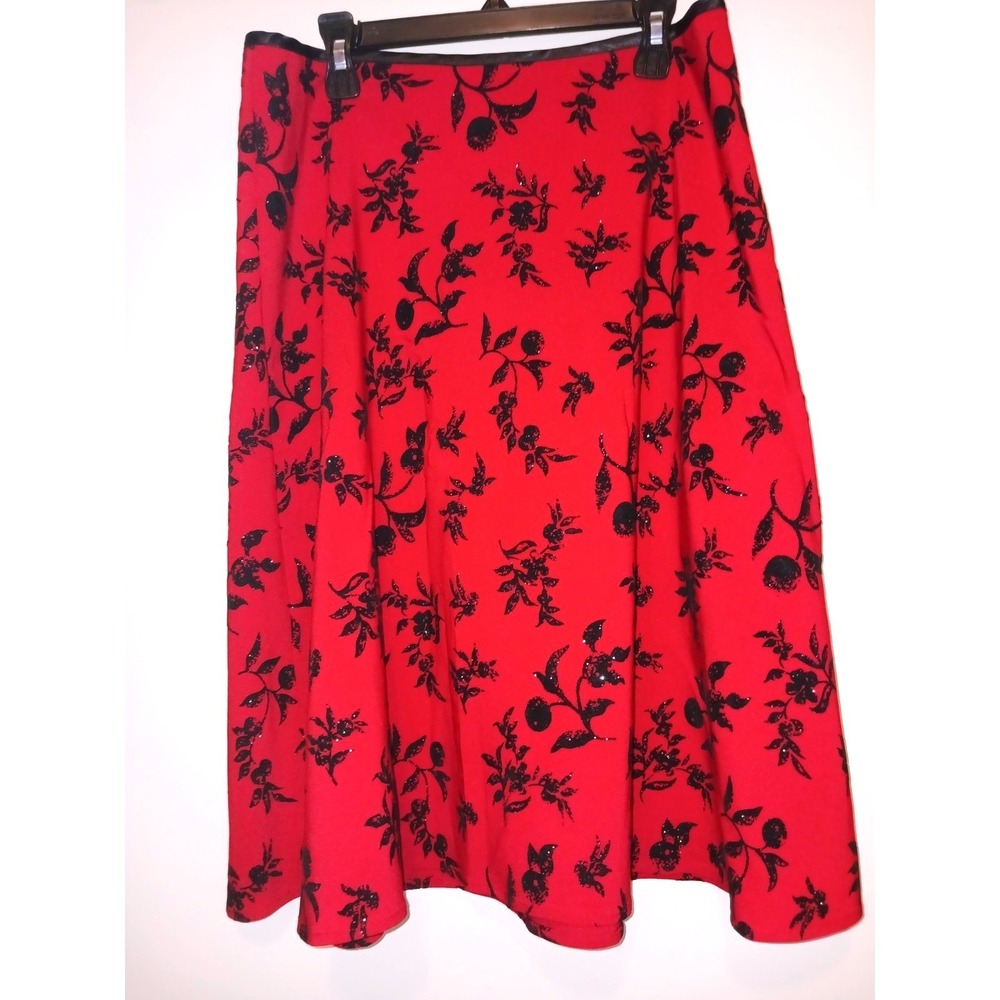 Retro whimsigoth Speechless Red Black Flocked Glitter Midi Skirt Holiday Party